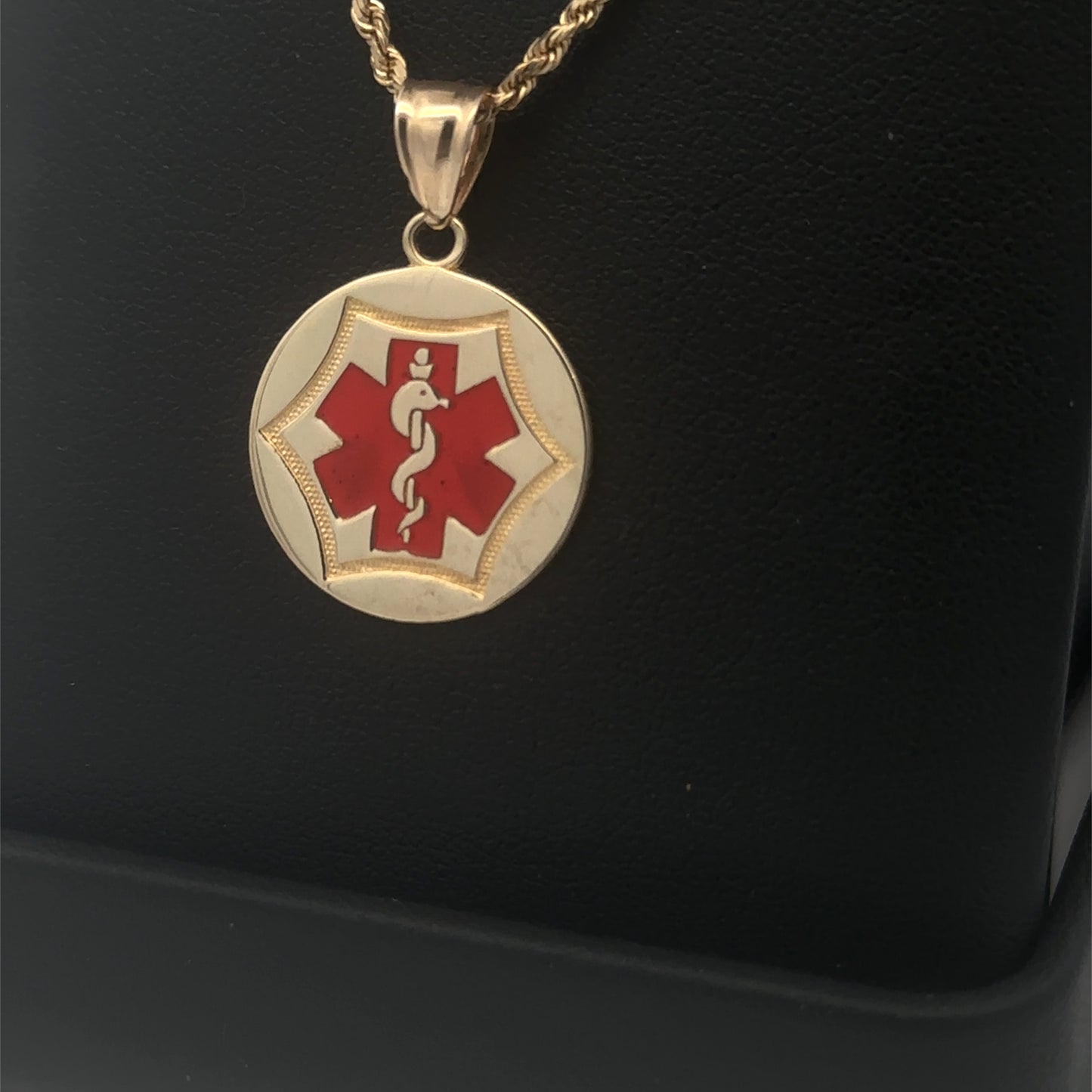 14K Solid Gold Medical Alert Pendant with Red Medical Symbol