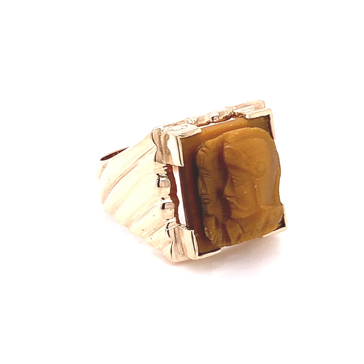 10KT Yellow solid Gold Ring vintage Carved Tiger Eye