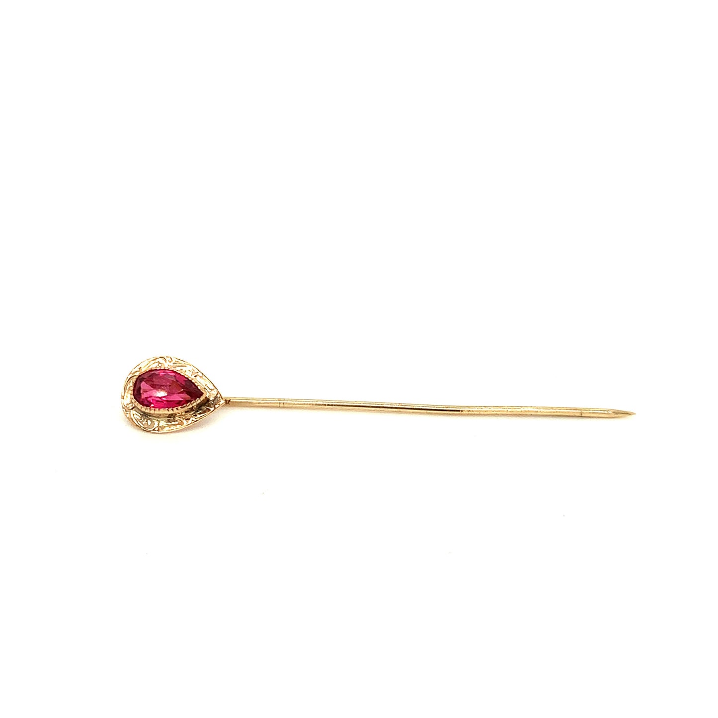 14KT Solid Yellow Gold Stick Pin with Pear Shaped Pink Tourmaline Stone
