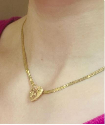 14kt yellow gold LOVE heart with pink rose vintage charm