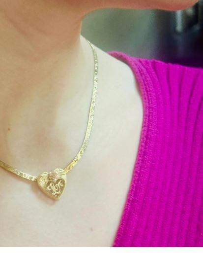 14kt yellow gold LOVE heart with pink rose vintage charm