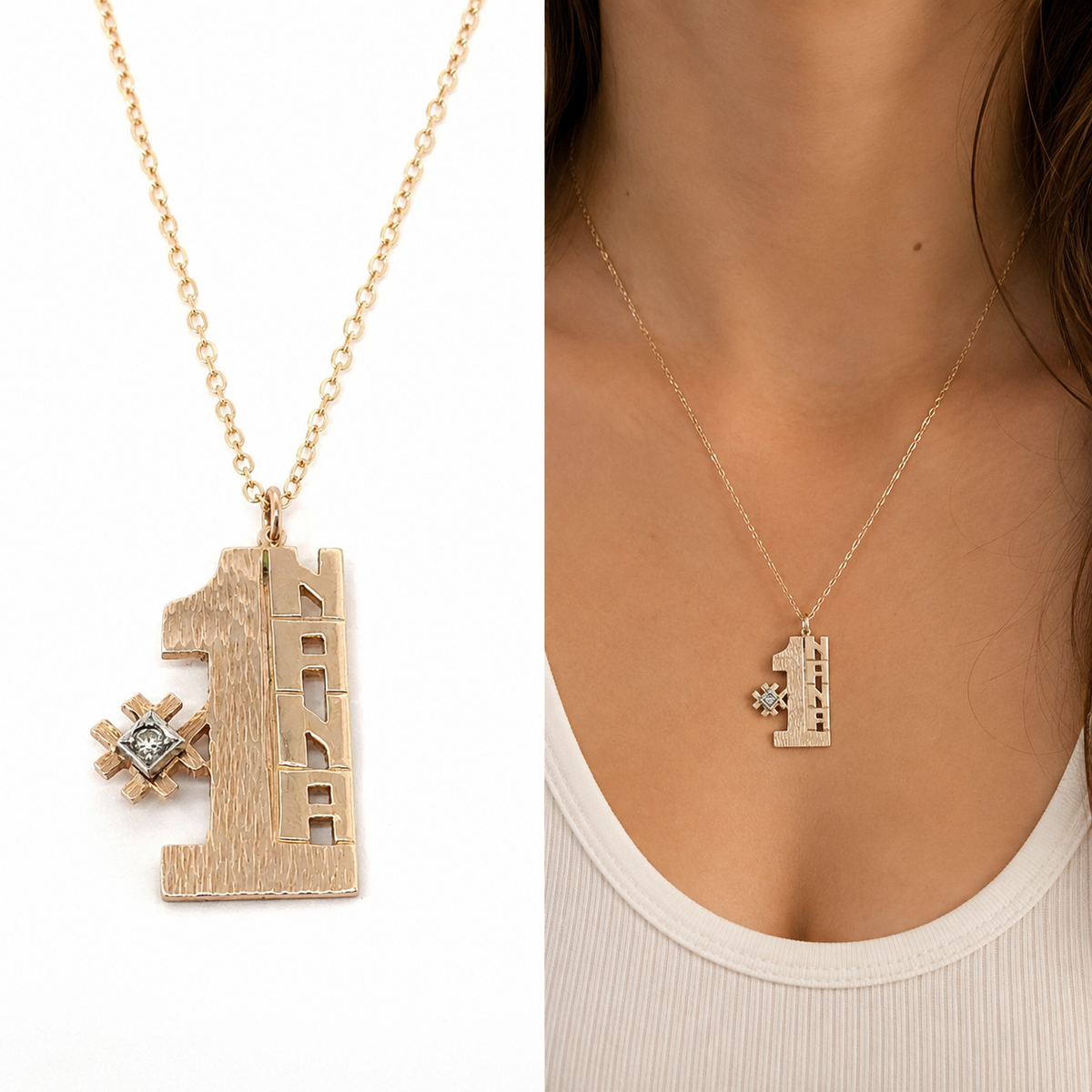 Vintage 14K Yellow Gold #1 Nana Pendant with Diamond | Number One Grandma Charm
