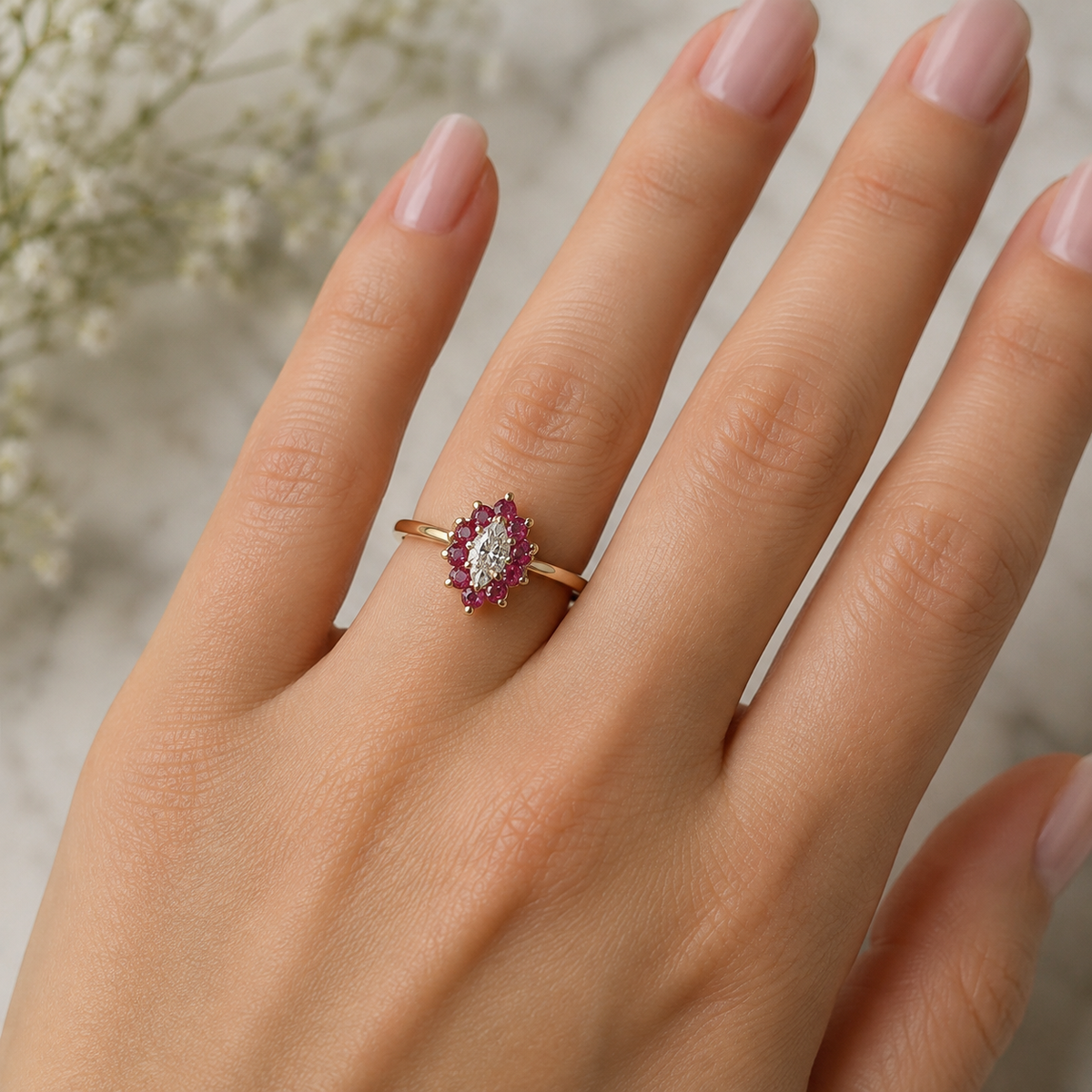 Vintage 10K Yellow Gold Marquise Diamond Ruby Halo Ring