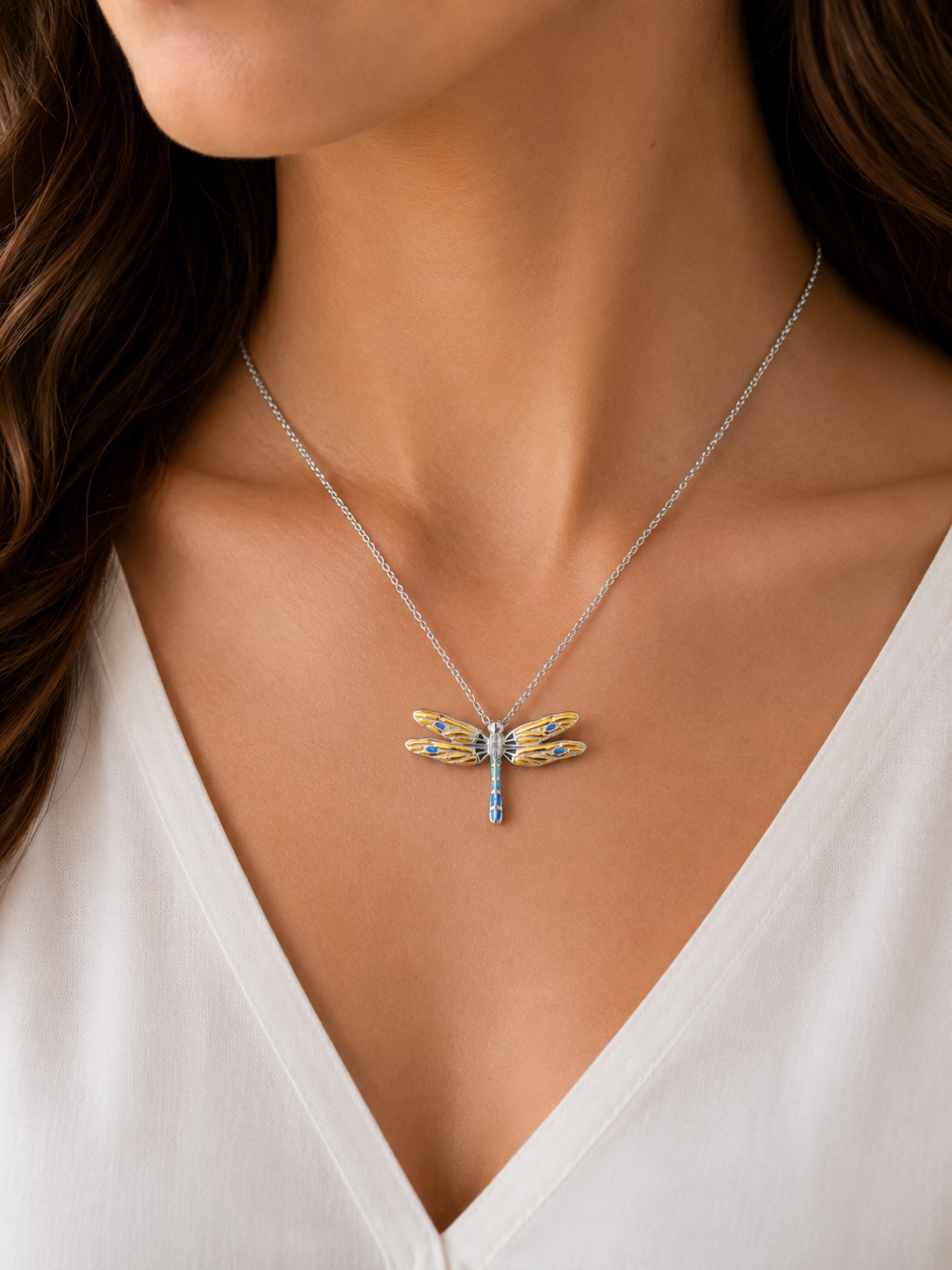 Yellow Plique-a-Jour Dragonfly Necklace sterling silver