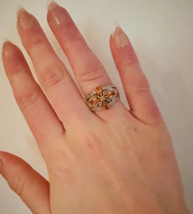 14kt yellow solid  gold vintage yellow topaz and green tourmaline diamond ring