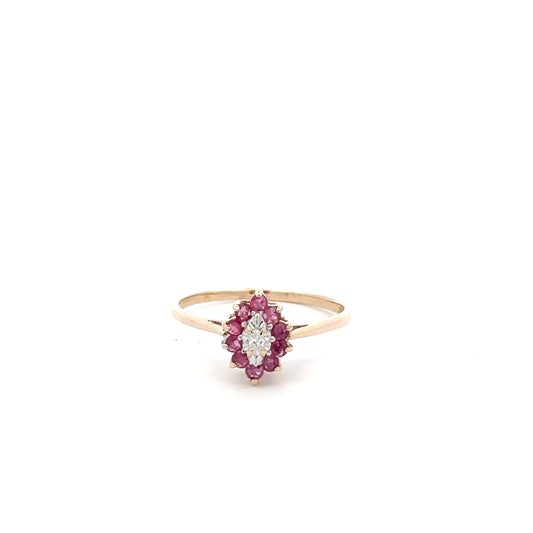Vintage 10K Yellow Gold Marquise Diamond Ruby Halo Ring