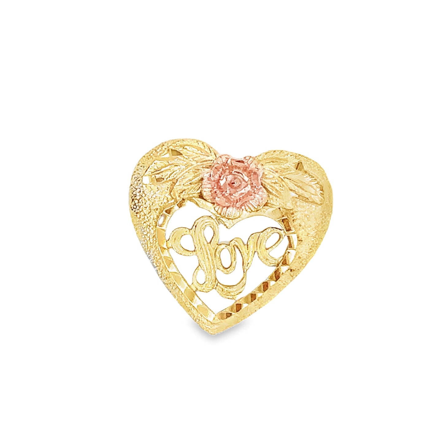 14kt yellow gold LOVE heart with pink rose vintage charm