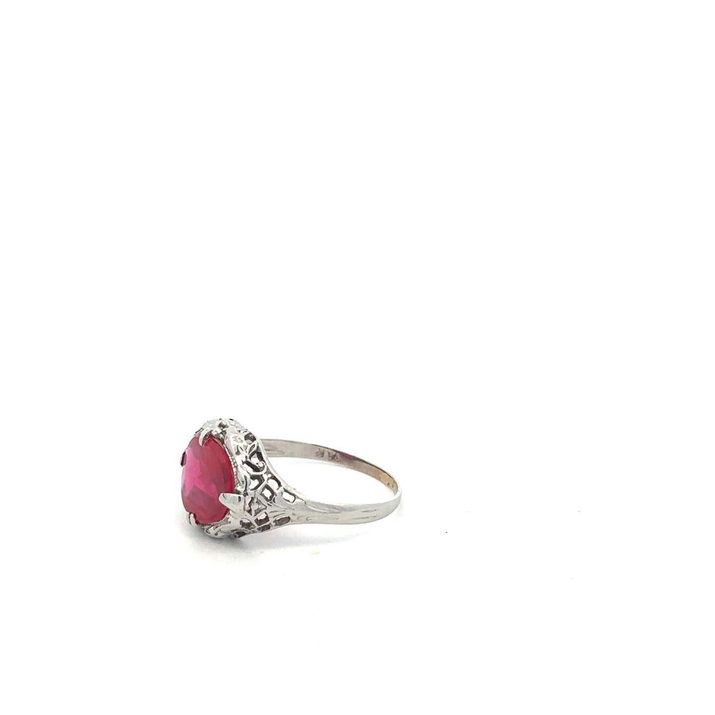 14kt solid white gold antique style red stone ring