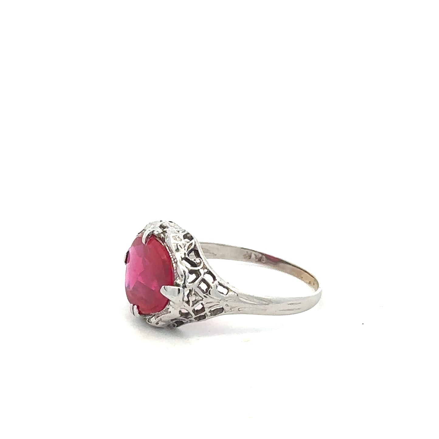 14kt solid white gold antique style red stone ring