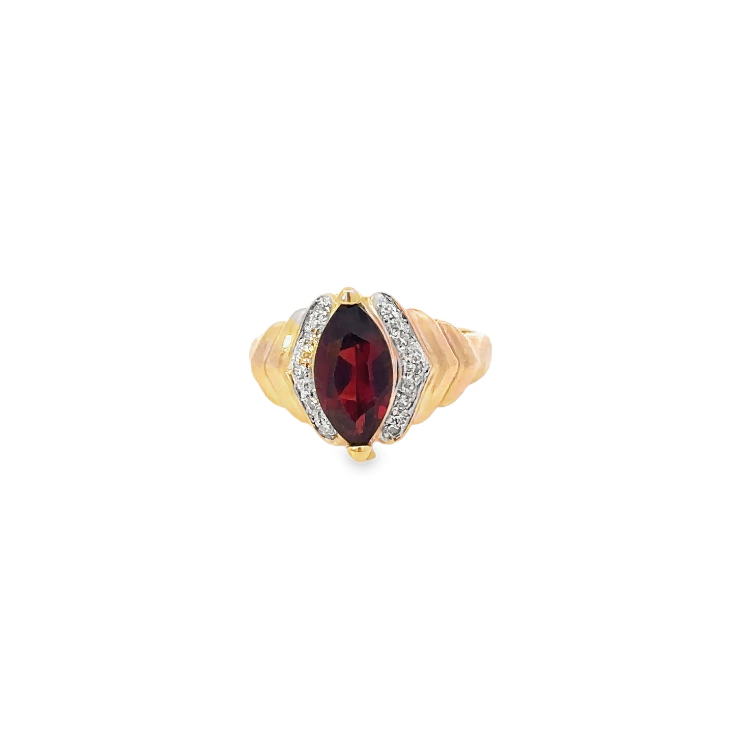 14kt yellow solid gold garnet and diamond ring vintage