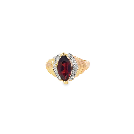 14kt yellow solid gold garnet and diamond ring vintage
