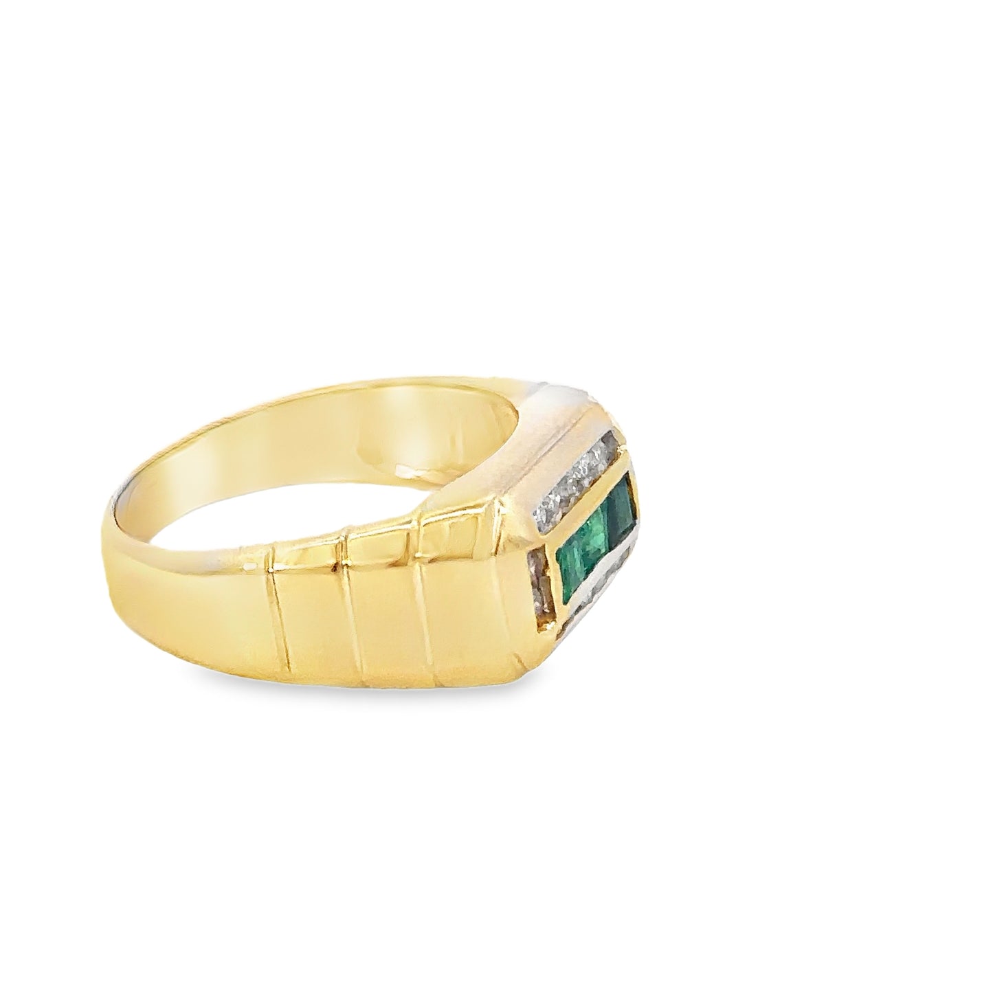 14kt yellow solid gold emerald and diamond vintage men's ring