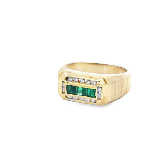 14kt yellow solid gold emerald and diamond vintage men's ring