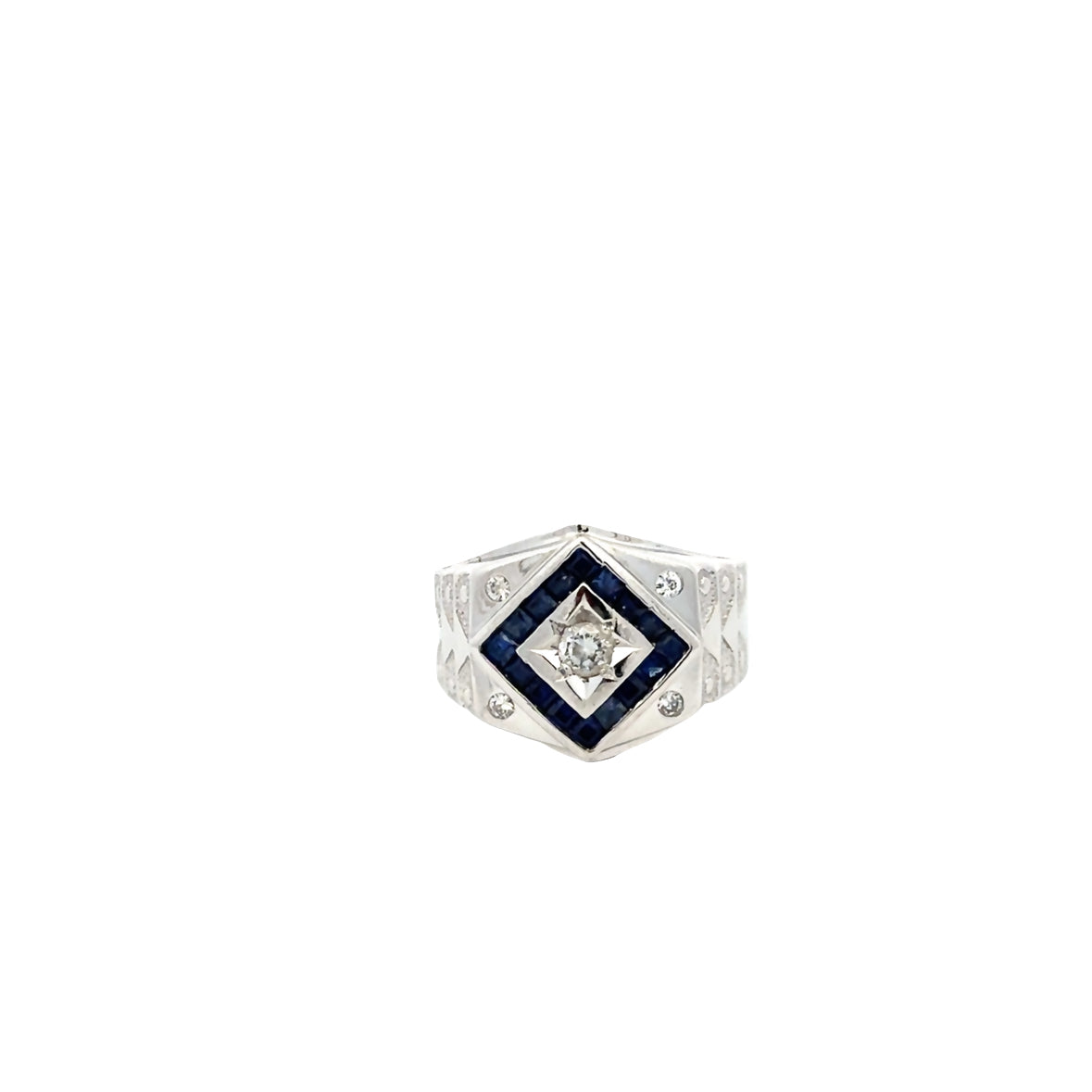 14kt solid white gold men's ring vintage sapphire and diamonds