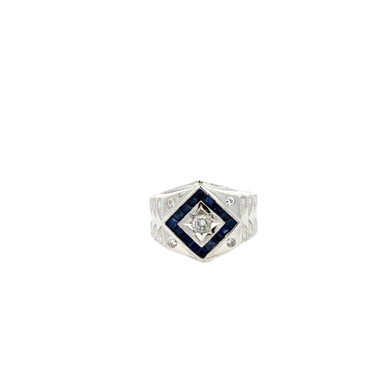 14kt solid white gold men's ring vintage sapphire and diamonds