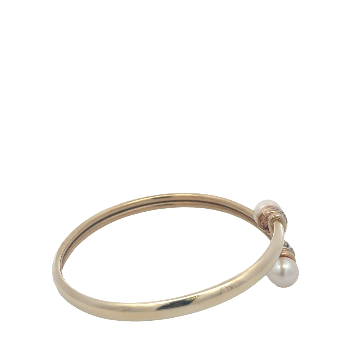 14K Yellow Gold Diamond & Pearl Open Bangle Bracelet | Cultured Pearl Cuff | Twist-On Bracelet