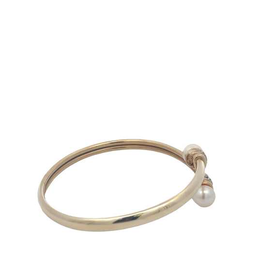 14K Yellow Gold Diamond & Pearl Open Bangle Bracelet | Cultured Pearl Cuff | Twist-On Bracelet