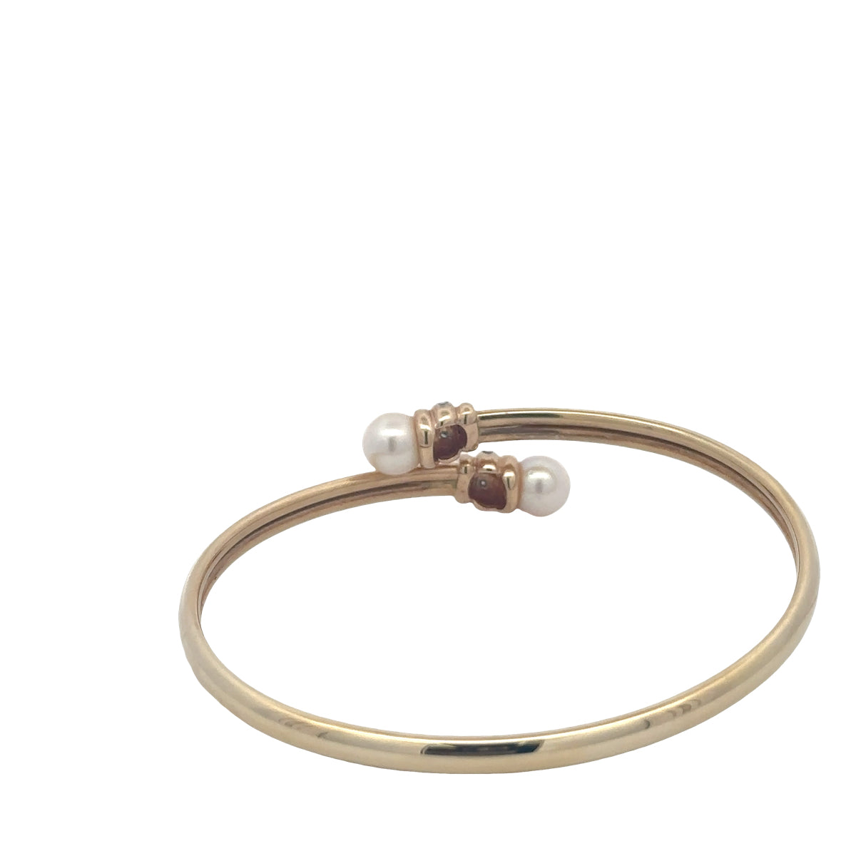 14K Yellow Gold Diamond & Pearl Open Bangle Bracelet | Cultured Pearl Cuff | Twist-On Bracelet