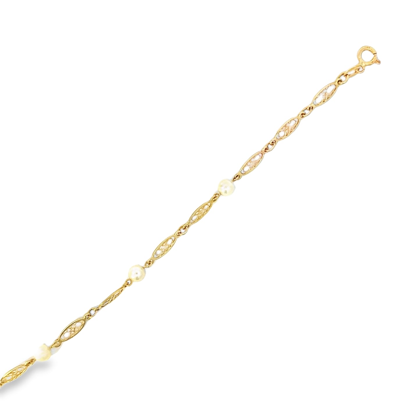 14kt yellow solid gold bracelet filigree vintage and pearls
