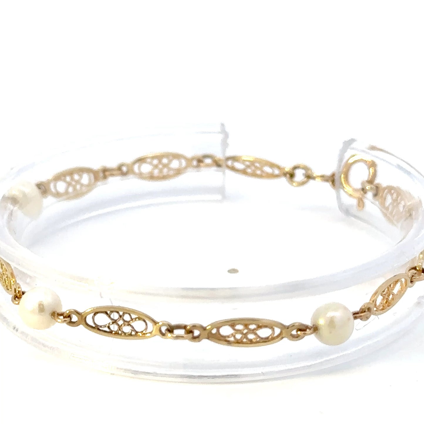 14kt yellow solid gold bracelet filigree vintage and pearls