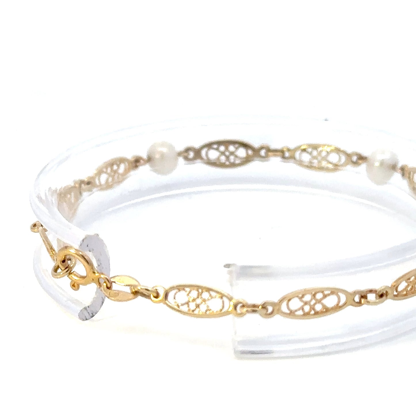 14kt yellow solid gold bracelet filigree vintage and pearls
