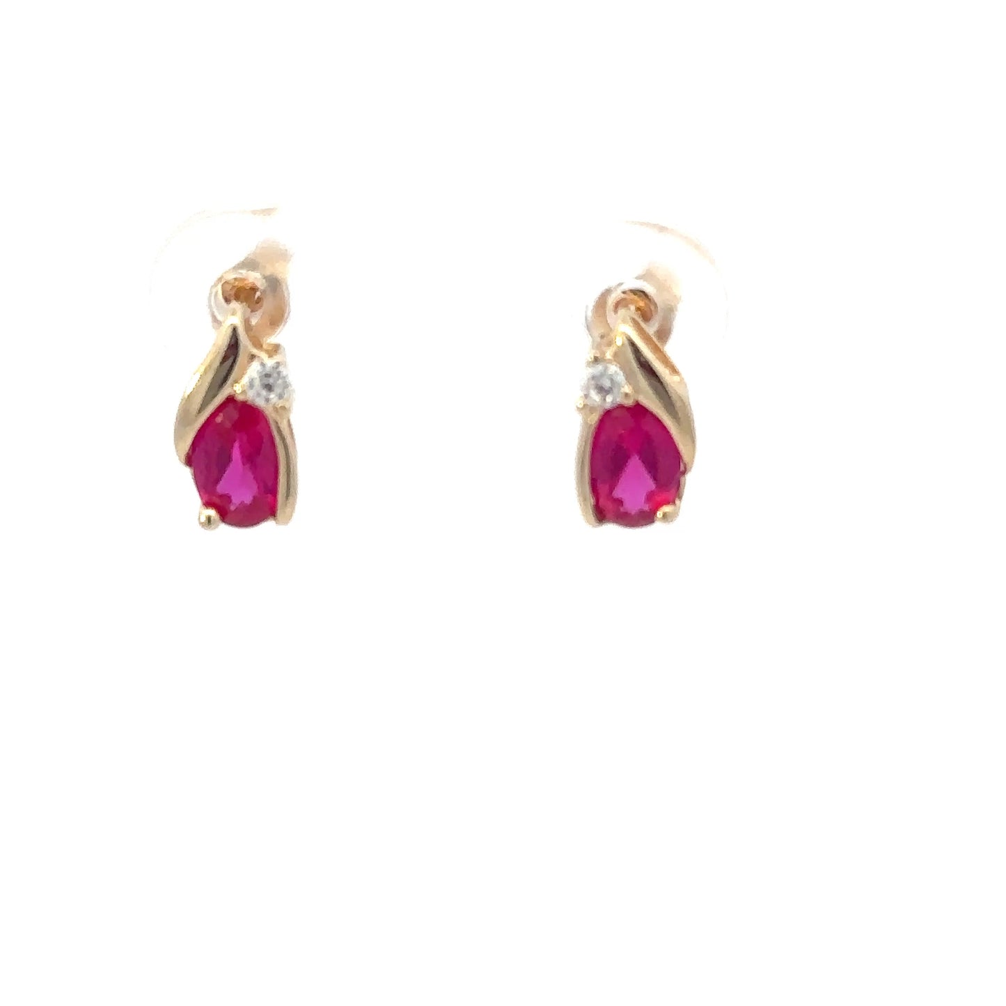 14kt yellow gold stud earrings vintage red stone and CZ