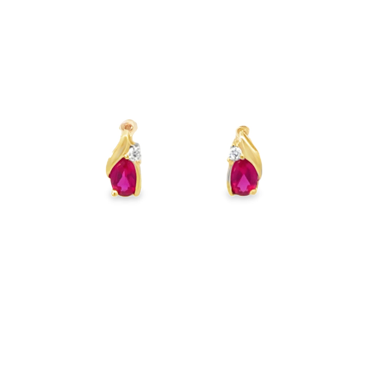 14kt yellow gold stud earrings vintage red stone and CZ