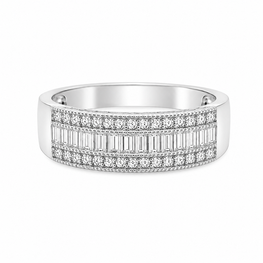 Vintage 10K White Gold Baguette & Round Diamond Band – Three Row Diamond Wedding or Anniversary Ring