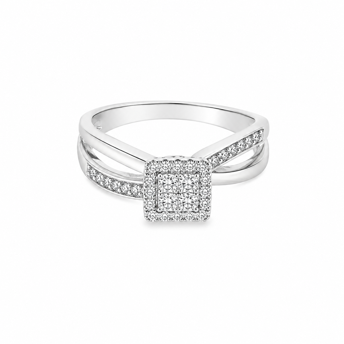 10K White Gold Diamond Engagement Ring – Square Diamond Cluster Crossover Ring