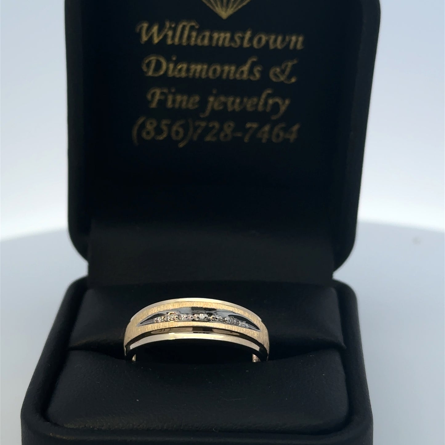 Vintage 14K Yellow Gold Wedding Band with Diamonds, Brushed Gold Comfort Fit Ring, Two Tone Channel Set Band