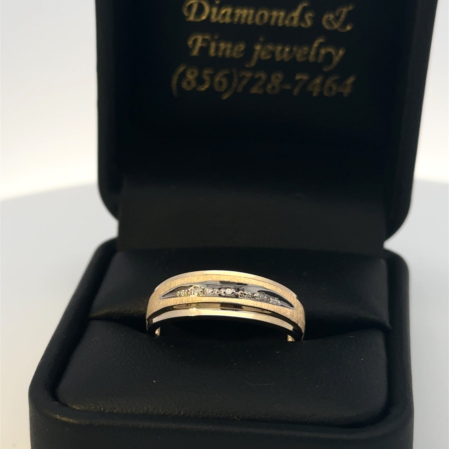 Vintage 14K Yellow Gold Wedding Band with Diamonds, Brushed Gold Comfort Fit Ring, Two Tone Channel Set Band