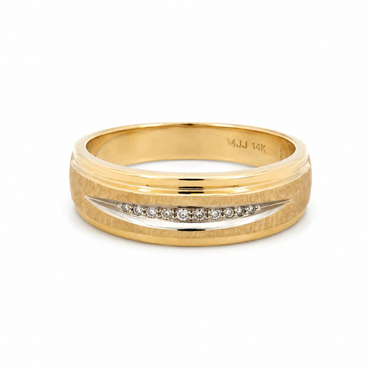 Vintage 14K Yellow Gold Wedding Band with Diamonds, Brushed Gold Comfort Fit Ring, Two Tone Channel Set Band