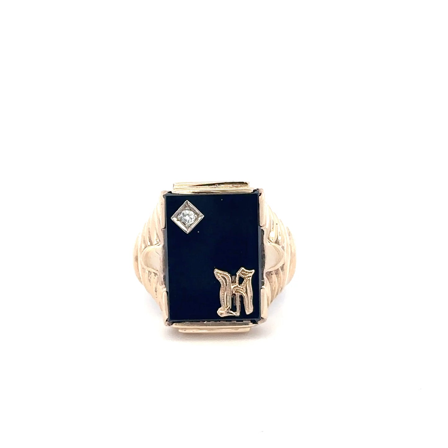 vintage 10kt yellow Gold Black   Onyx and diamond initial ring letter H