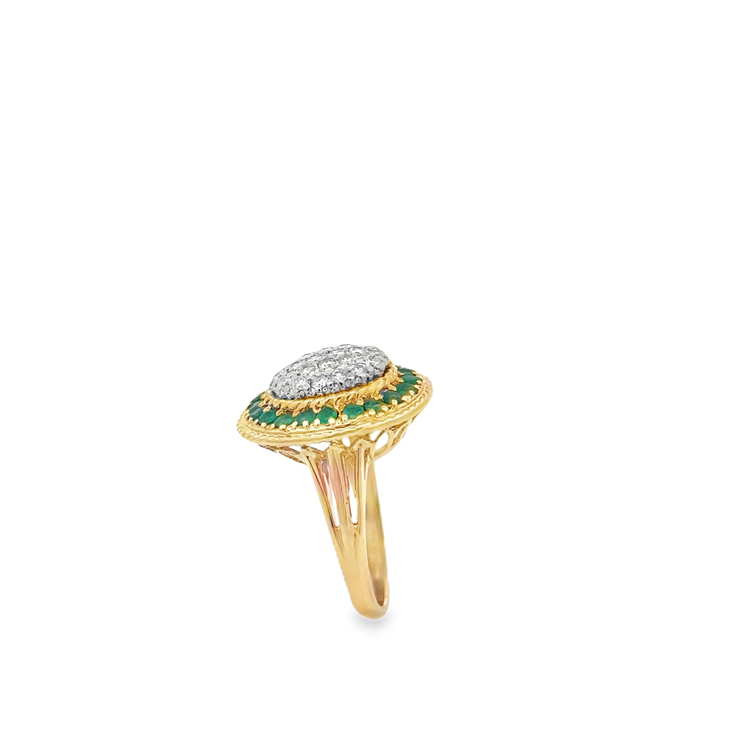 Vintage Diamond & Emerald Halo Ring – 14K Yellow Gold