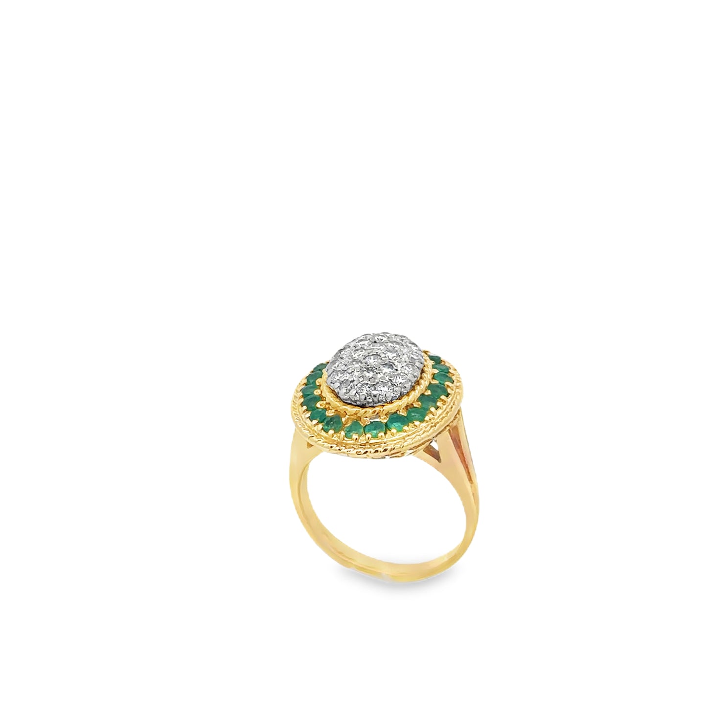 Vintage Diamond & Emerald Halo Ring – 14K Yellow Gold