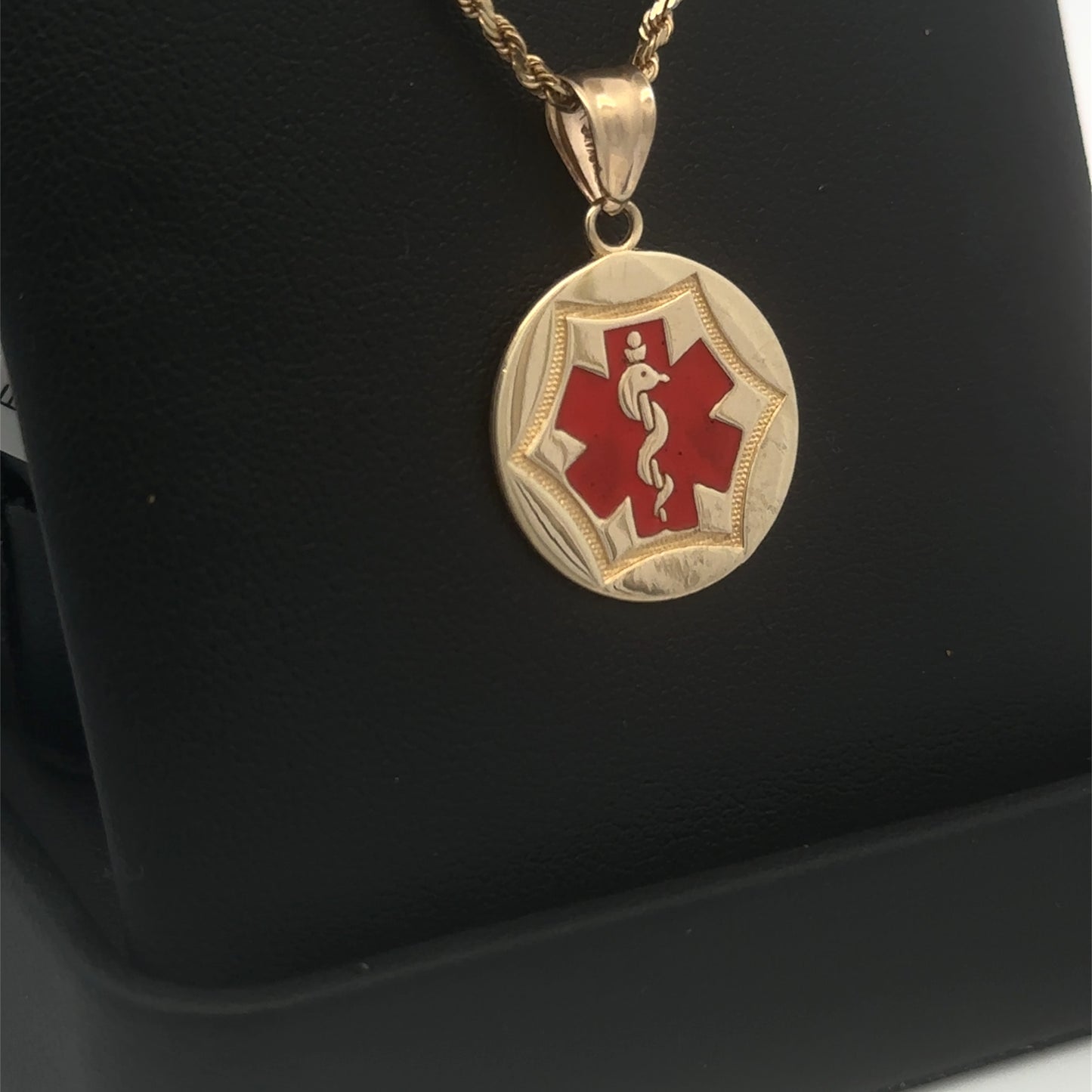 14K Solid Gold Medical Alert Pendant with Red Medical Symbol