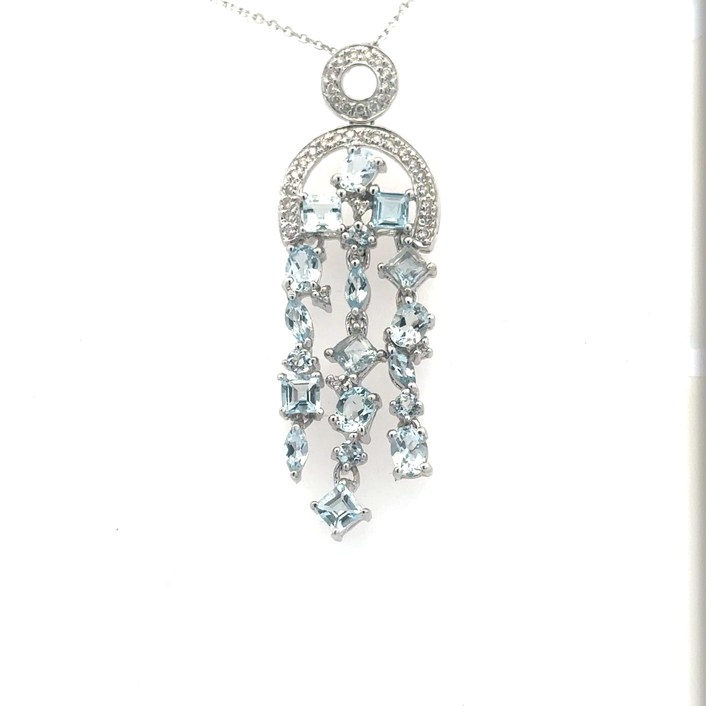 Vintage 14K White Gold Aquamarine & Diamond Chandelier Pendant Necklace | Multi-Cut Aquamarine | Estate Fine Jewelry
