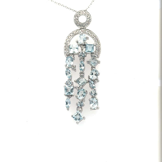 Vintage 14K White Gold Aquamarine & Diamond Chandelier Pendant Necklace | Multi-Cut Aquamarine | Estate Fine Jewelry