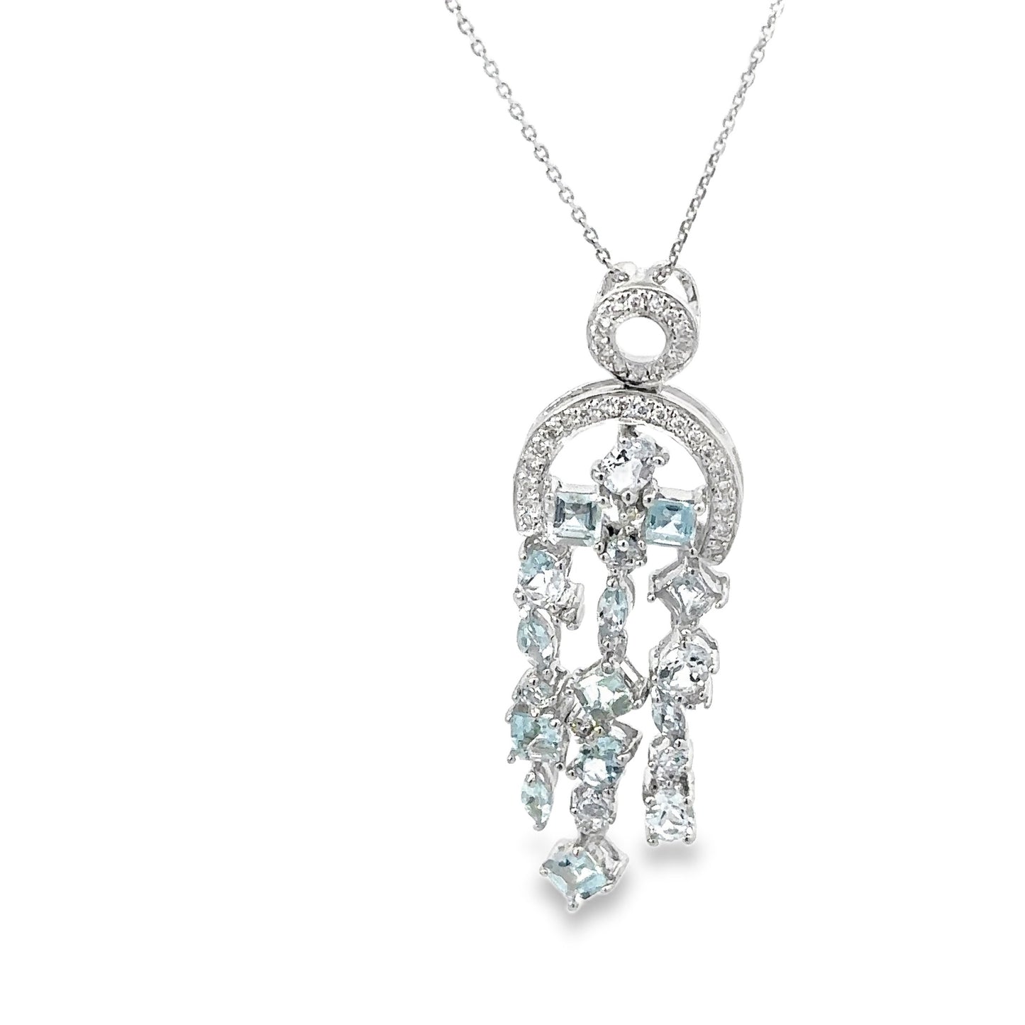 Vintage 14K White Gold Aquamarine & Diamond Chandelier Pendant Necklace | Multi-Cut Aquamarine | Estate Fine Jewelry