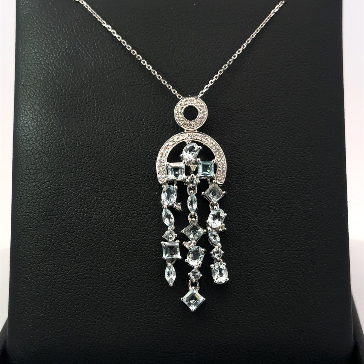 Vintage 14K White Gold Aquamarine & Diamond Chandelier Pendant Necklace | Multi-Cut Aquamarine | Estate Fine Jewelry