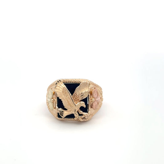 Vintage 10K Yellow Gold Black Onyx Eagle Men's Ring – Tri-Color Statement