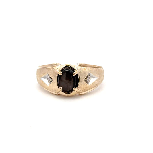 10K Yellow Gold Black Star Sapphire & Diamond Ring – Oval Vintage Statement Ring