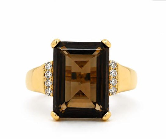 Vintage 10K Yellow Gold Smoky Quartz Ring | 10 Carat Emerald Cut