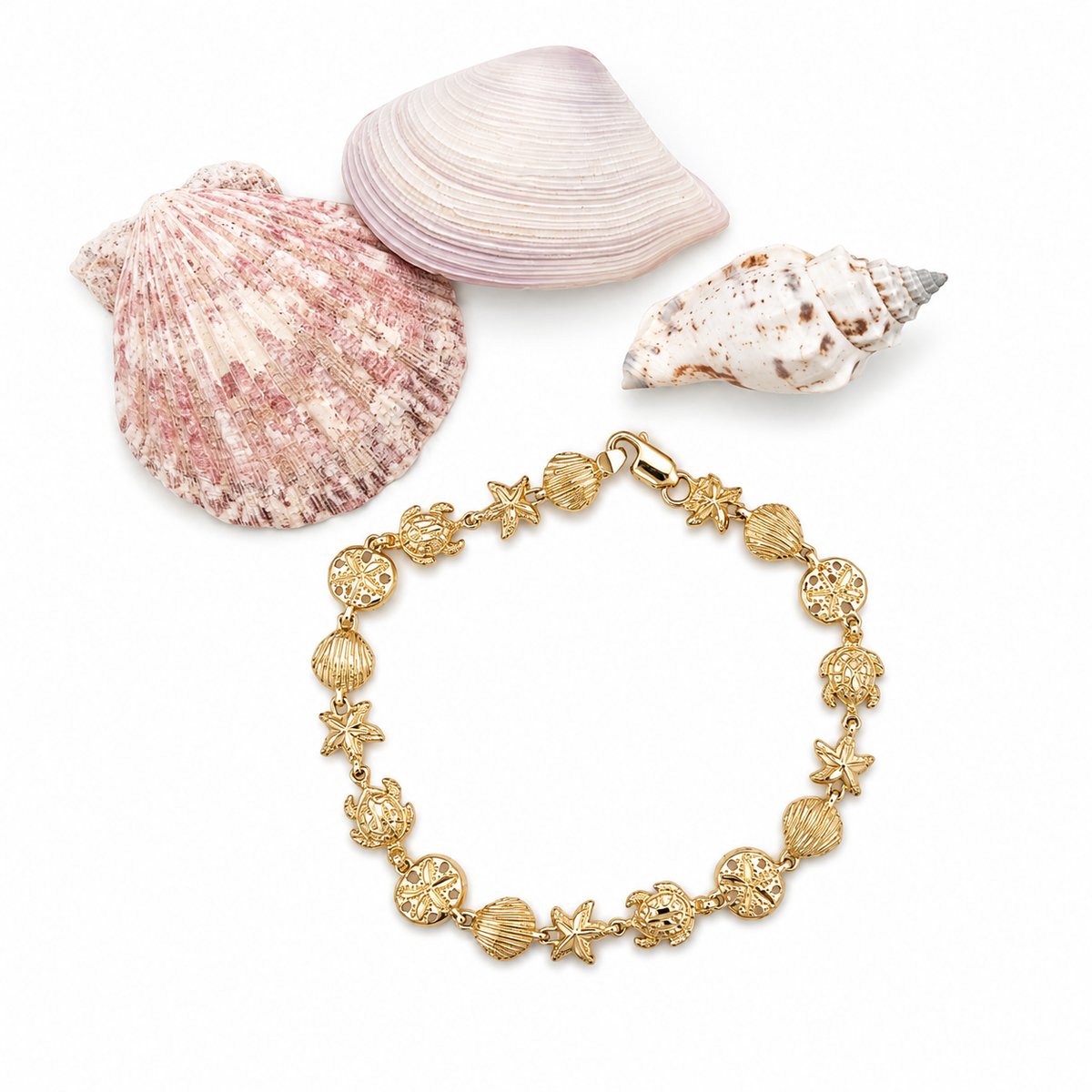 Vintage 10K Yellow Gold Sea Life Charm Bracelet | Sand Dollar, Sea Turtle, Starfish & Seashell Link Bracelet | Coastal Beach Jewelry