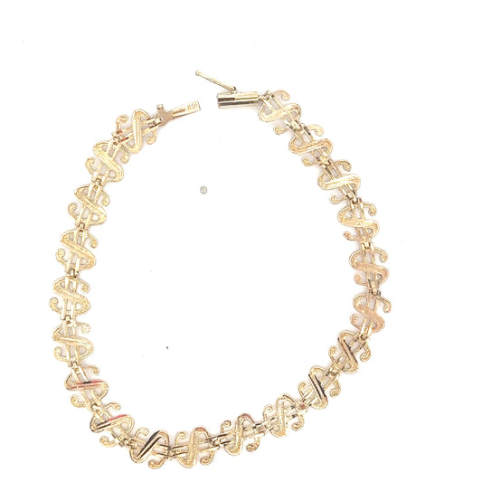 Vintage 10K Yellow Gold Dollar Sign Bracelet | Diamond-Cut Money Symbol Links