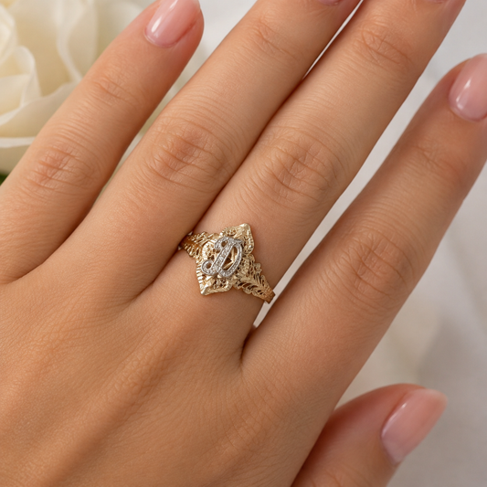 Vintage Yellow Solid Gold Initial D Ring | Two Tone Filigree Letter D Ring