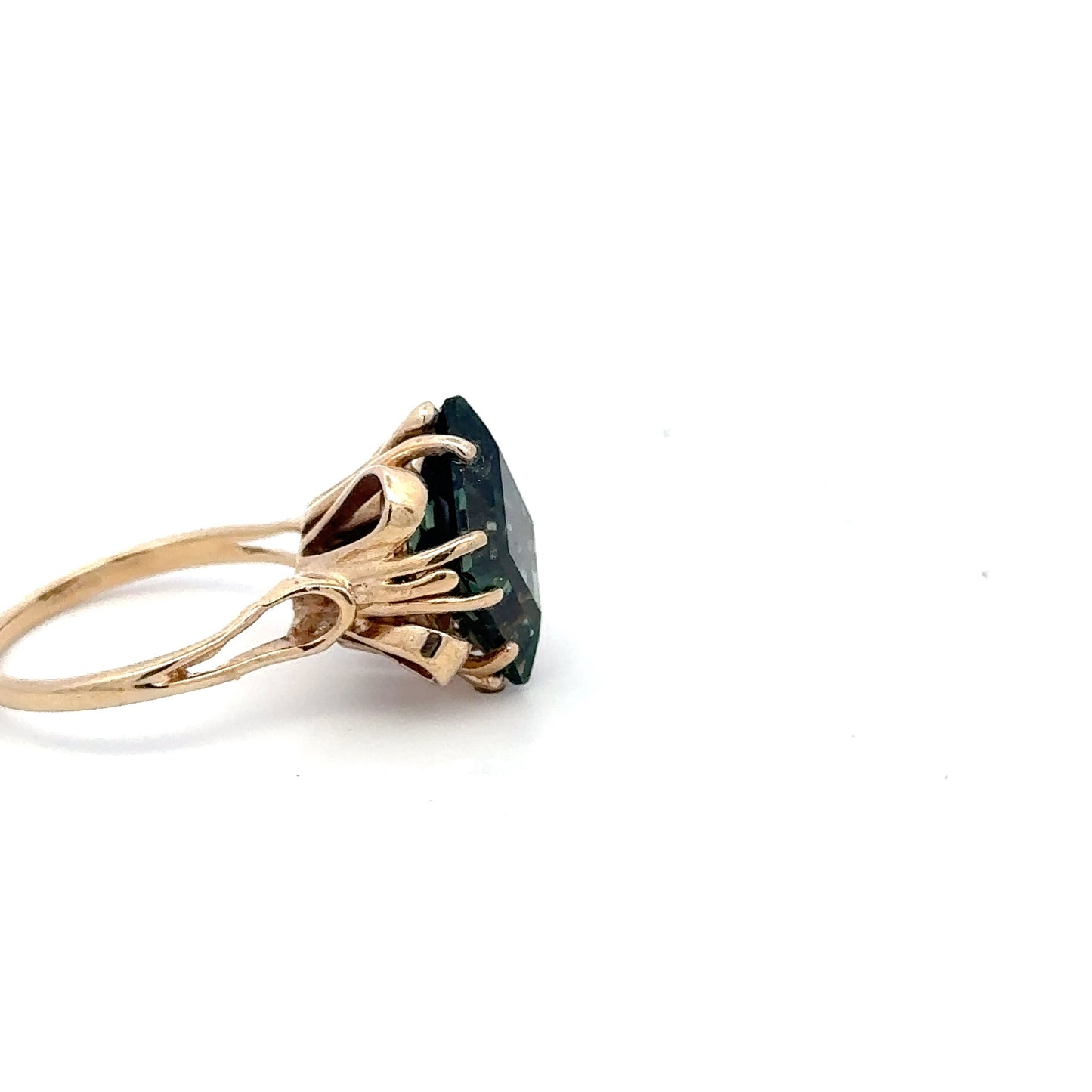 Vintage 10K Yellow Solid Gold Ring Green Synthetic Gemstone – Statement Cocktail Ring – Estate Jewelry