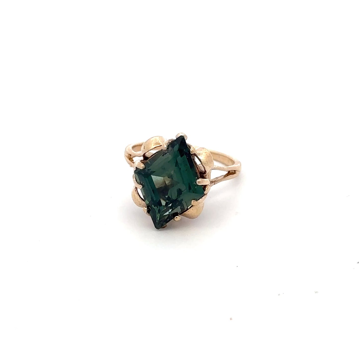 Vintage 10K Yellow Solid Gold Ring Green Synthetic Gemstone – Statement Cocktail Ring – Estate Jewelry