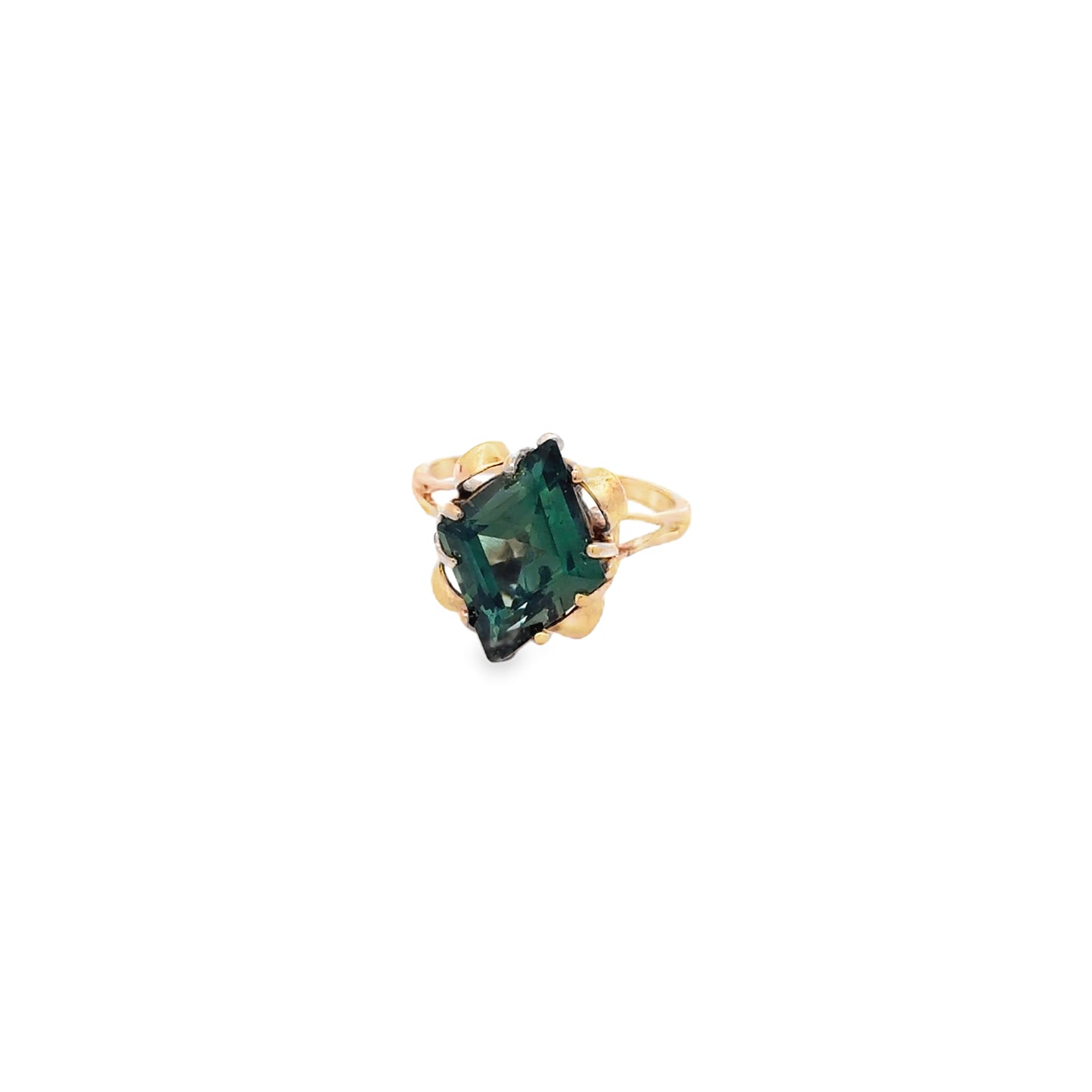Vintage 10K Yellow Solid Gold Ring Green Synthetic Gemstone – Statement Cocktail Ring – Estate Jewelry