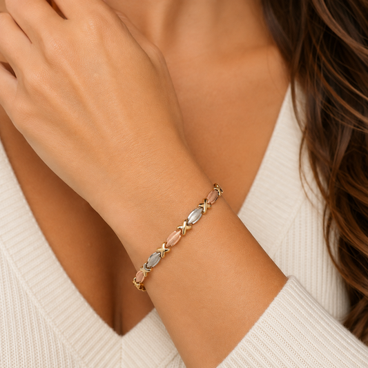 Vintage 10K Tri-Color Gold XO Link Bracelet | Yellow White & Rose Gold XOXO Bracelet